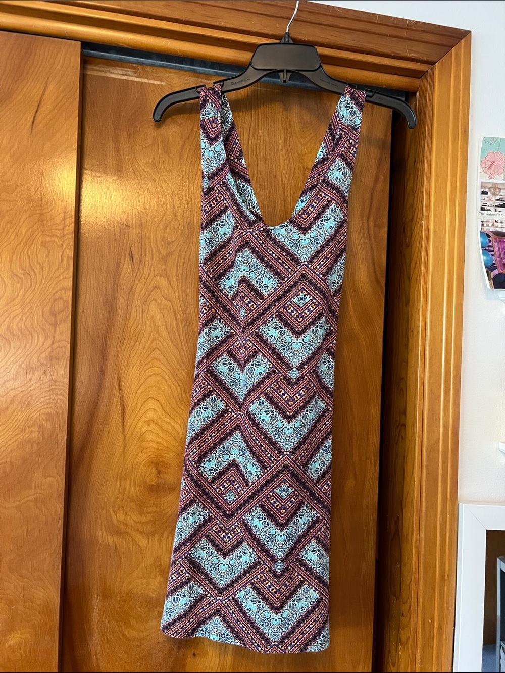 Xhilaration Geometric V-Neck Mini Dress in Teal and Burgundy